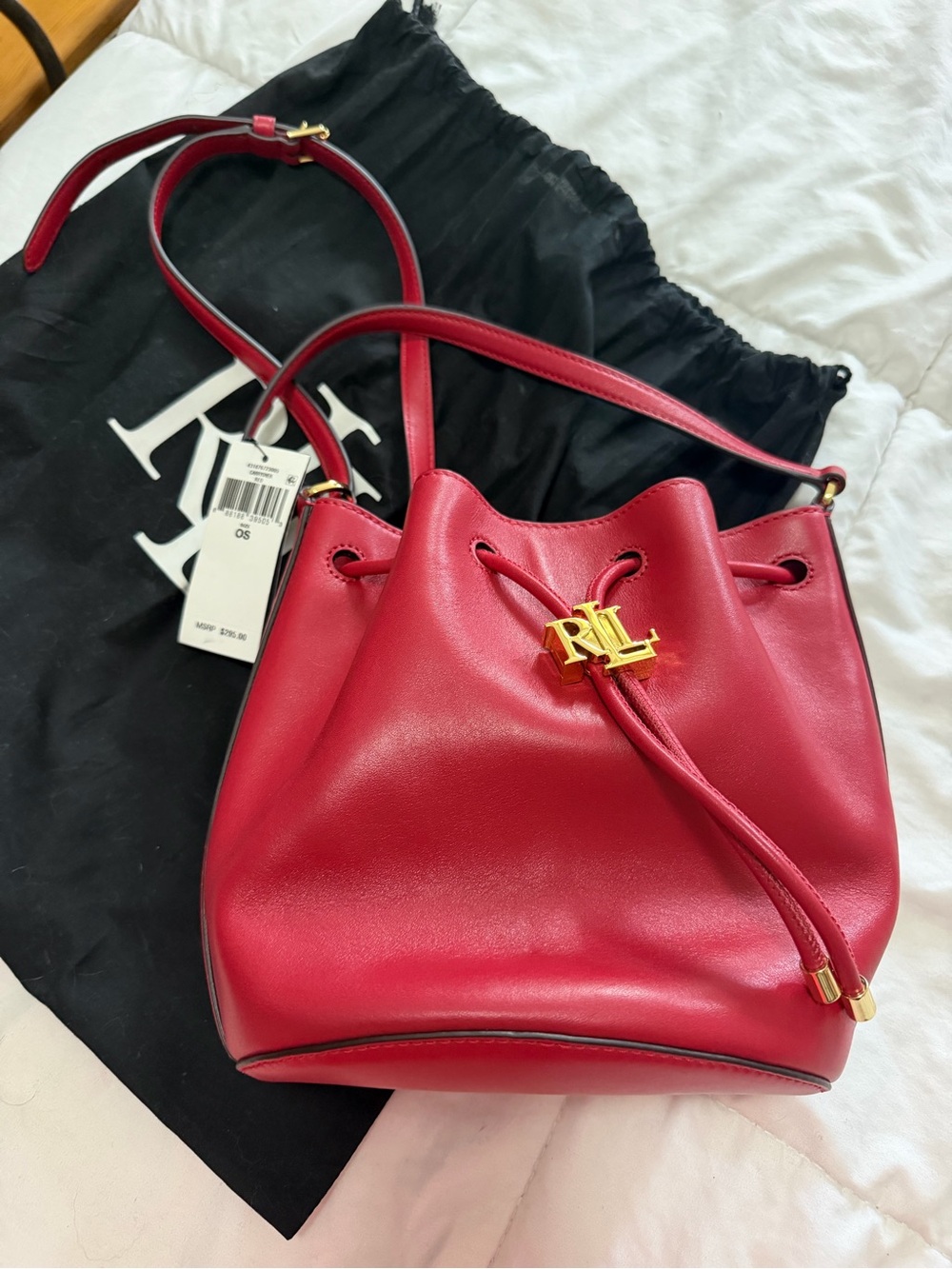Ralph Lauren Red Leather Drawstring Bucket Shoulder Bag